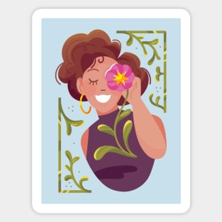 Woman Holding Flower On Her Eye Sticker